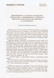 Rękopiśmienne litteraria Stanisława Herakliusza Lubomirskiego w zbiorach Biblioteki Seminarium Duchownego w Sandomierzu