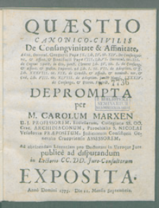 Quaestio canonico-civilis De Consangvinitate et Affinitate [...].