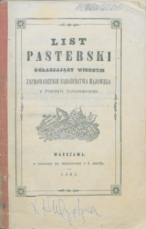 List pasterski ogłaszający wiernym zaprowadzenie nabożeństwa majowego w Dyecezji Sandomierskiej.