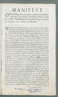Manifest o wiarołomnym rozerwaniu pokoiu od Achmeta Sołtana Tureckiego przeciwko Iego Carskiemu Maiestatowi ex mandato tegoż majestatu wydany 1711. Anno 22 Februarij.